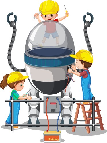 Children building robot together on white Vector Image