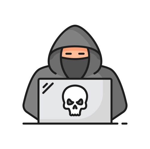 hacker using laptop with skull planning attack vector image