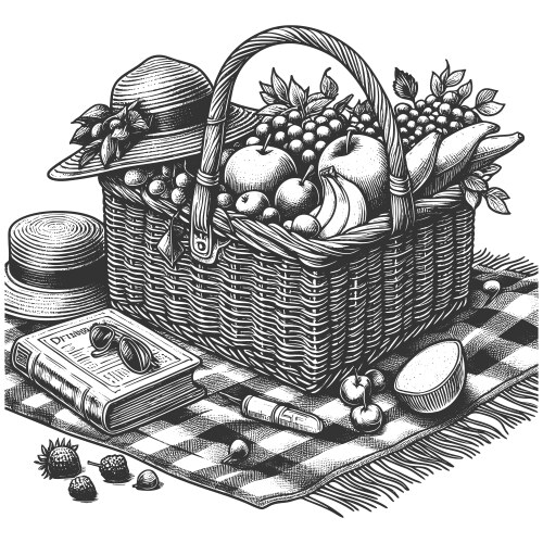 Picnic basket fruit and book Vector Image