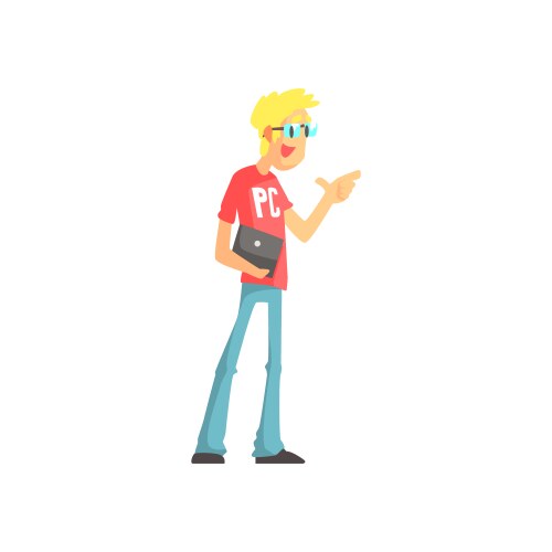 Programmer talking holding a lap top funny vector image