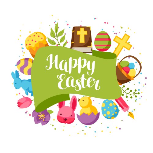 happy easter greeting card with decorative objects vector