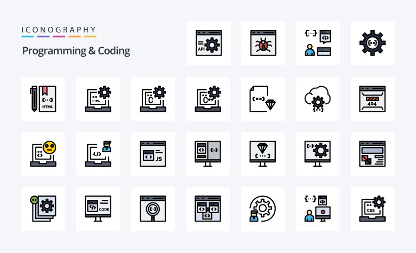 25 programming and coding line filled style icon vektorbild