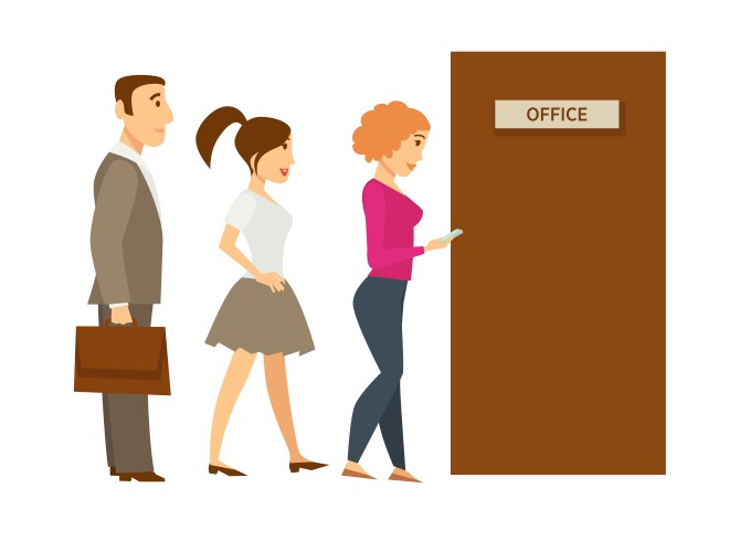 people line queue entering office cartoon vector