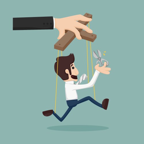 cutting the strings of a business man puppet givin vector image vector image