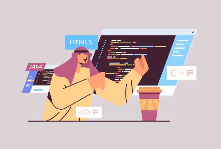 Arab programmer writing code for computer app vector image