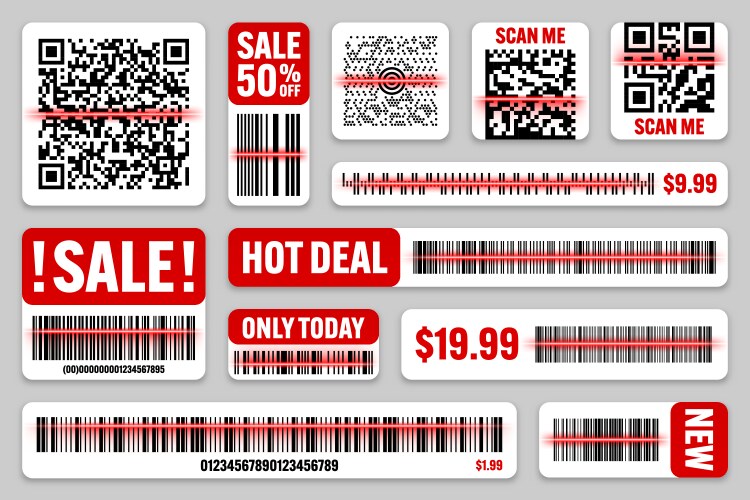 Product barcodes and qr codes with red scanning vector image