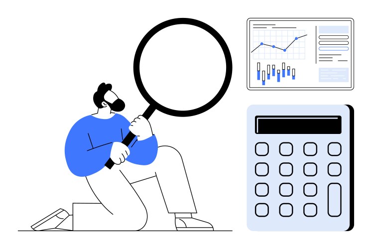 Man with magnifying glass analyzing data charts vector image