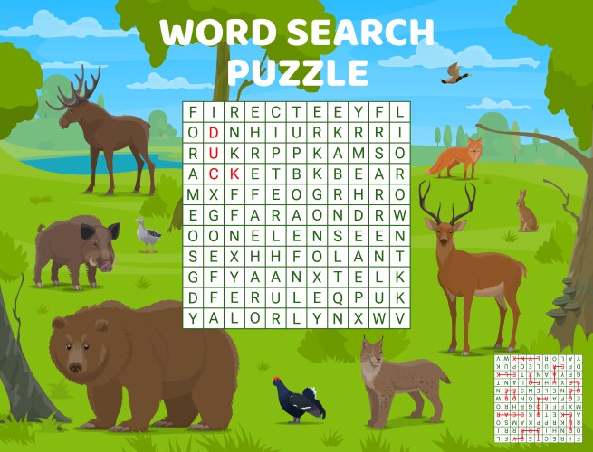 Word search puzzle cartoon hunting animals birds vector image