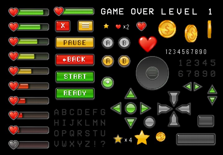 8bit pixel art game interface buttons loading bar vector image