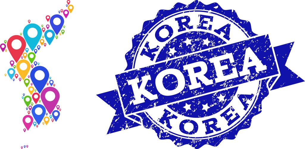 Mosaic map of korea with pointers and textured vector image