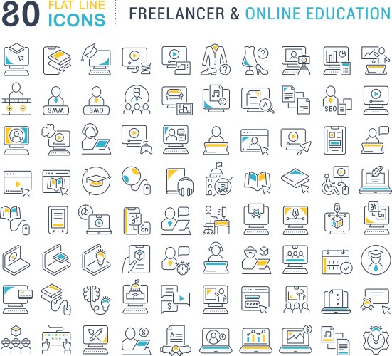 Set line icons freelancer and online education vector image