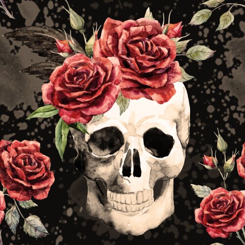 Watercolor Skull & Rose Pattern Vector Image