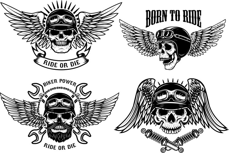 Biker Skull Wings Set Vector Image