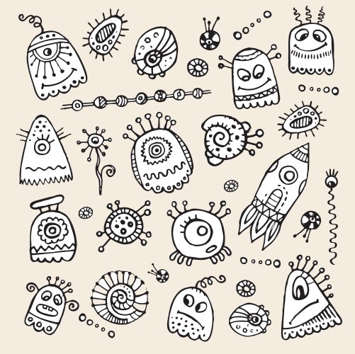 Cute Monster & Alien Hand Drawn Set Vector Image