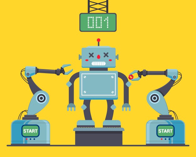 Assembly robot at factory using robotic vector image