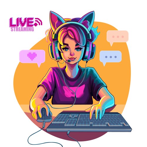 girl gamer or streamer with cat ears headset sits vector