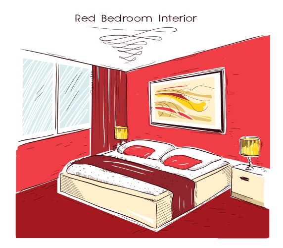 Red bedroom interior hand drawing Vector Image