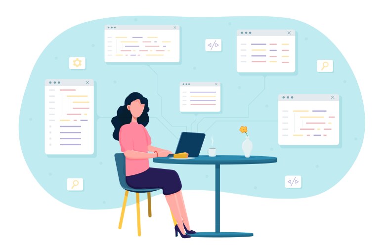 Female programmer working on web development using vektorbild
