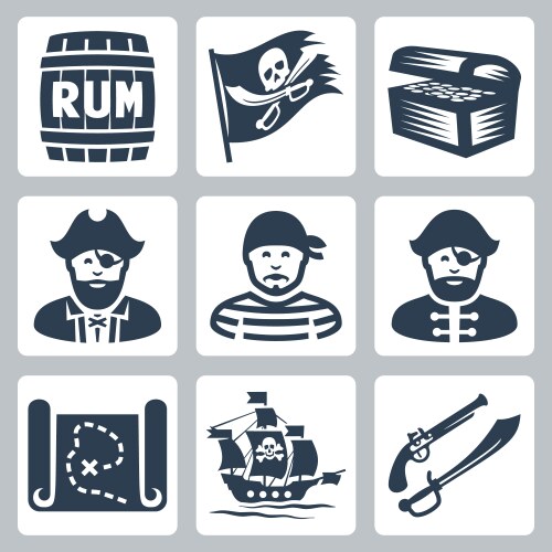 pirates piracy icons set vector image