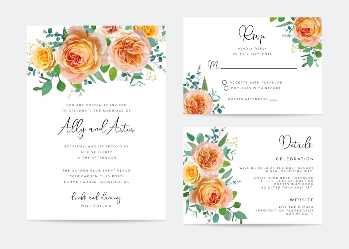 Floral Wedding RSVP Card - Peach & Green Vector Image