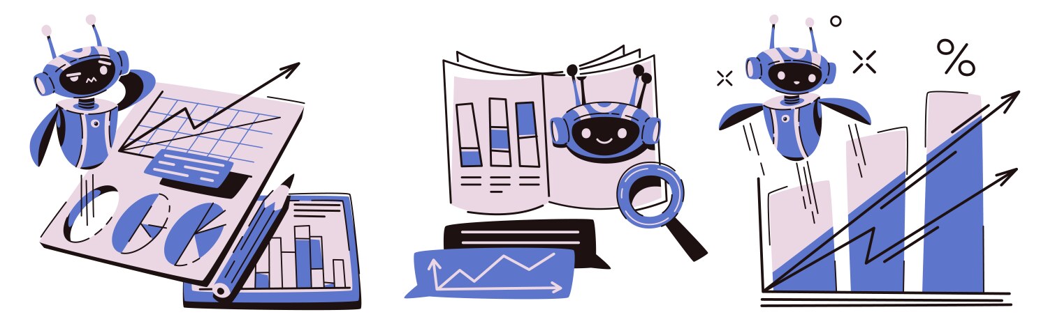 Robot analytics set - cute chatbot assistant vektorbild