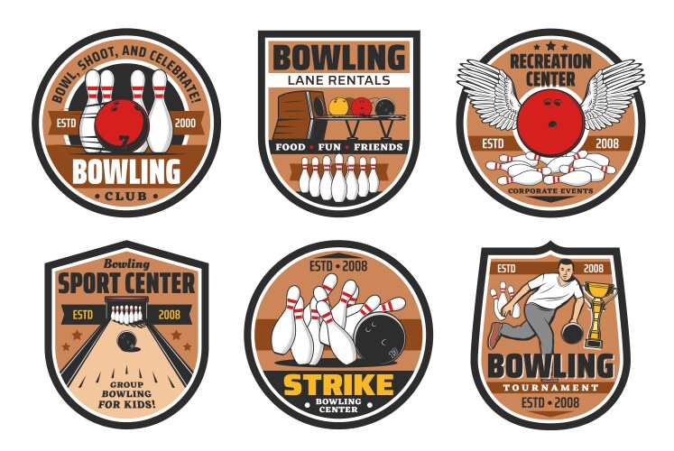 Bowling alley skittle ground sport center icons Vector Image