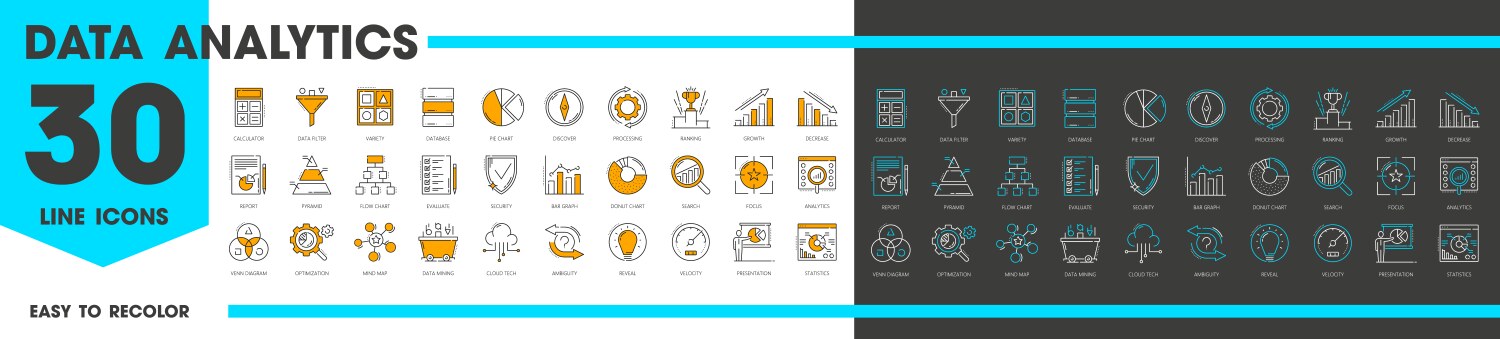 Data analytics and analysis line icons of diagrams vector image