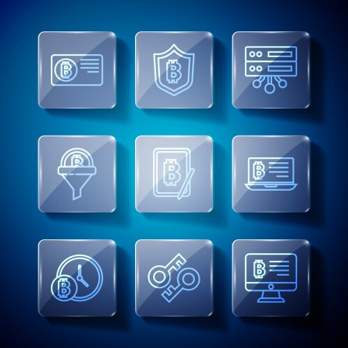 Set line bitcoin with clock cryptocurrency key vector image