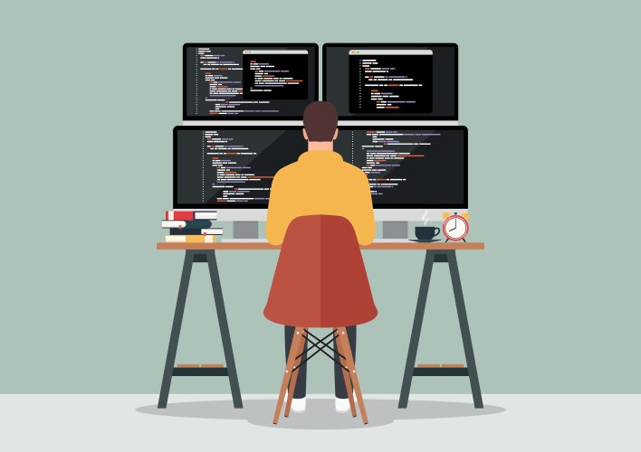 Programmer working writing code on computer vector image