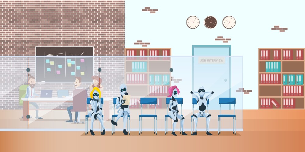 Robot queue in modern office wait job interview vector image