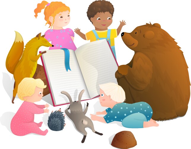 Cartoon bear and rabbit reading book Royalty Free Vector