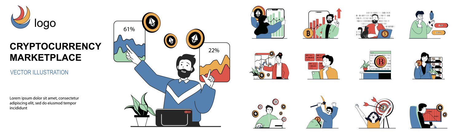 Cryptocurrency marketplace concept with character vector image