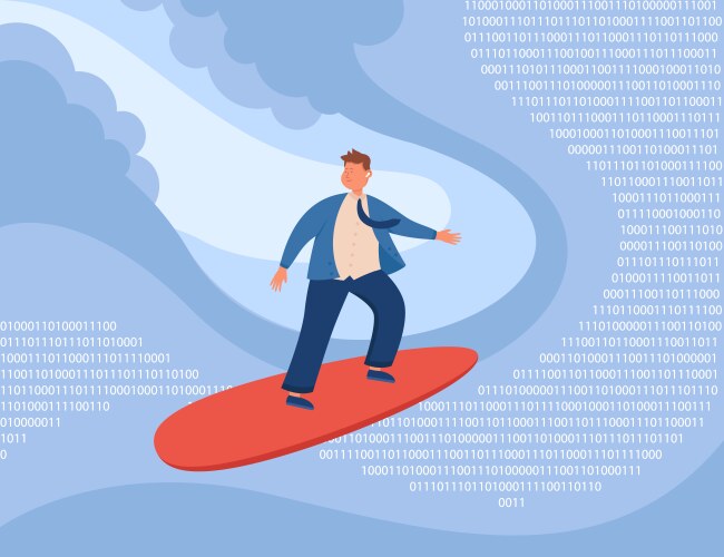 cartoon businessman surfing on waves of binary vector image