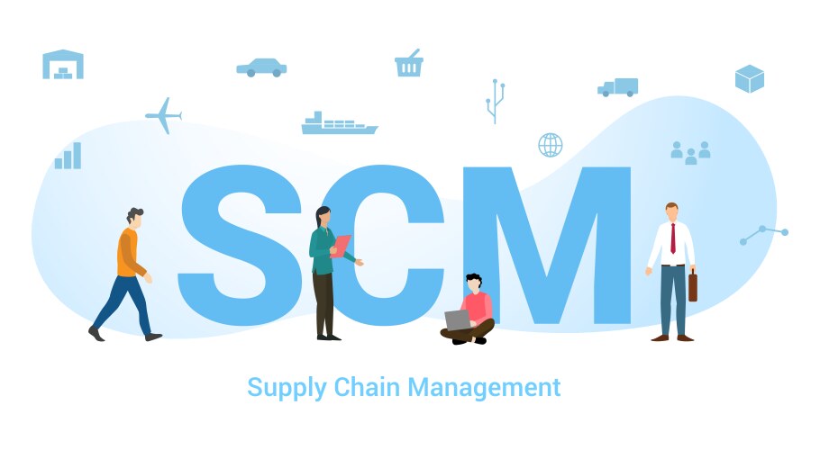 scm supply chain management concept with big word vector image