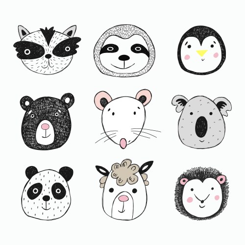 Cute Animal Faces Collection Vector Image