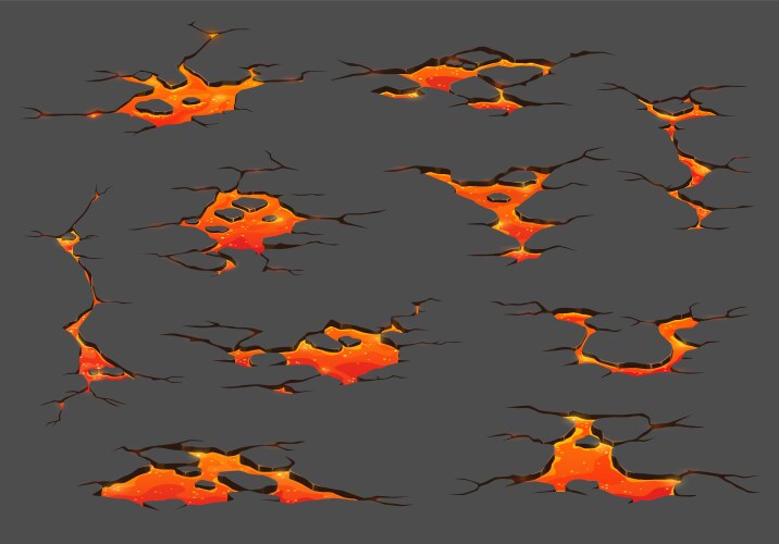 volcano lava magma fire ground cracks cartoon set vector