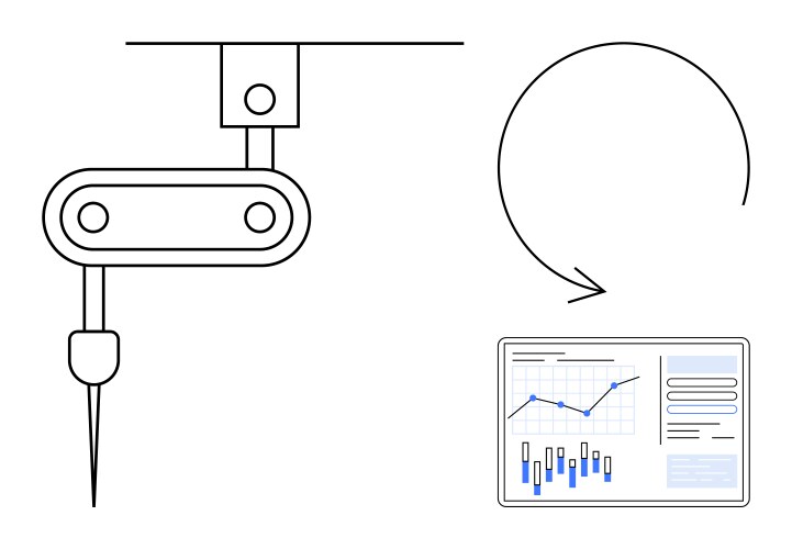Robotic arm working with a computer data screen vector image