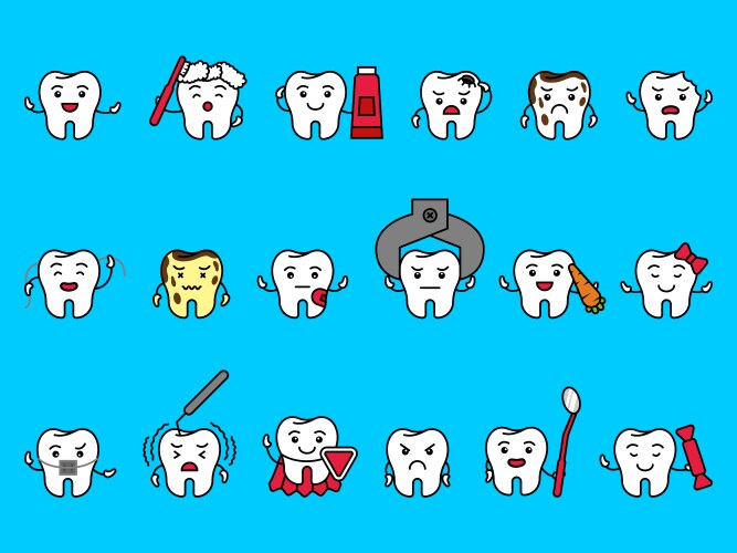 cartoon tooth dental smile characters with braces vector image vector image