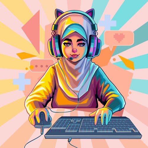 Muslim girl gamer or streamer with cat ears vector image