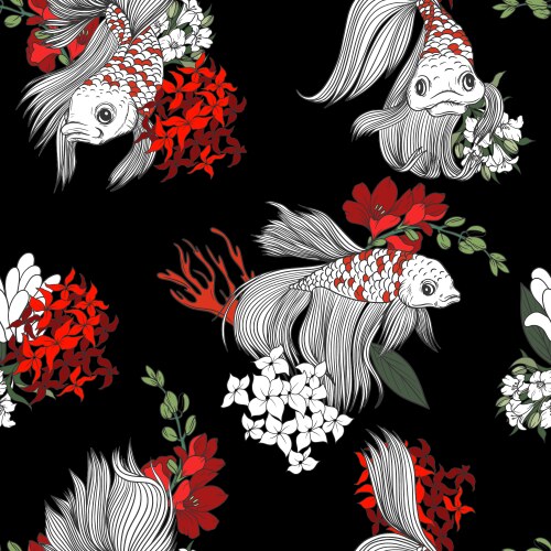 Seamless pattern with fish and flowers in graphic vector image