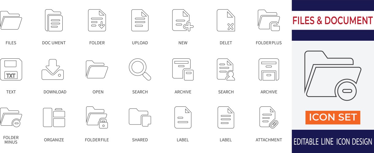 Files and document management line icon set vector image
