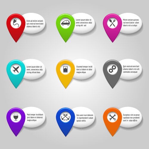 Map service pointer set with plane and car vector image