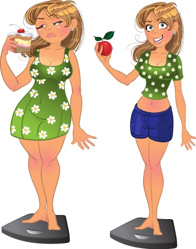 Fat girl with pie and slim after sport diet vector image