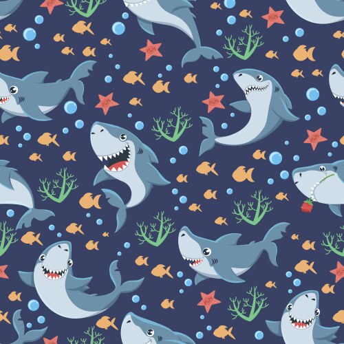 Cute Sharks & Marine Life Pattern Vector Image