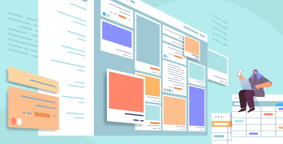 Developer using smartphone creating mobile app ui vector image