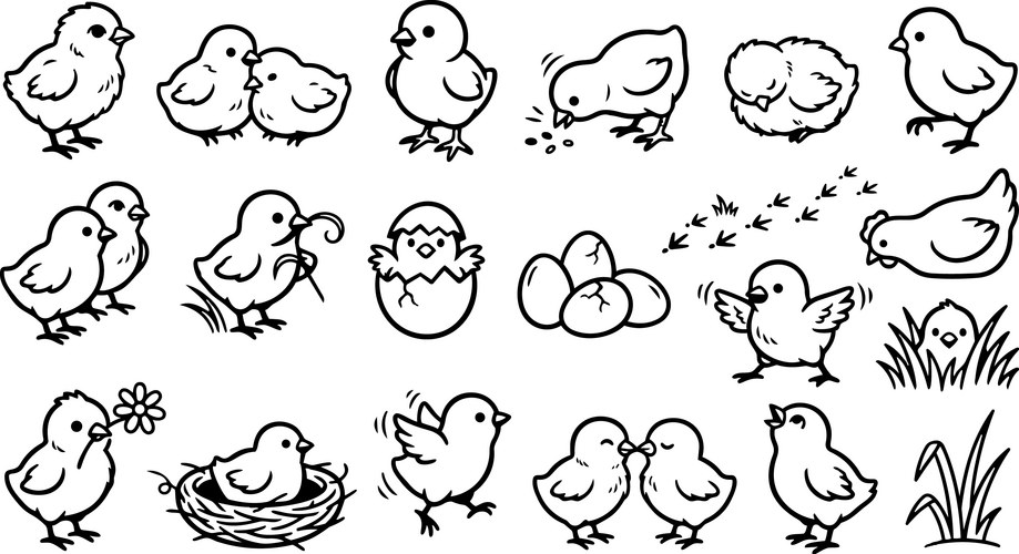 Cute Cartoon Chicks Line Art Set Vector Image