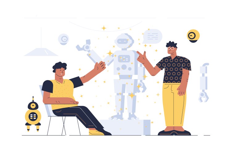 People and robot working together human characters
