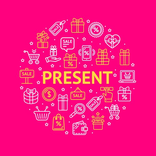 Present signs round design template thin line icon vector image