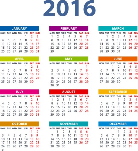 2016 calendar - color design vector image