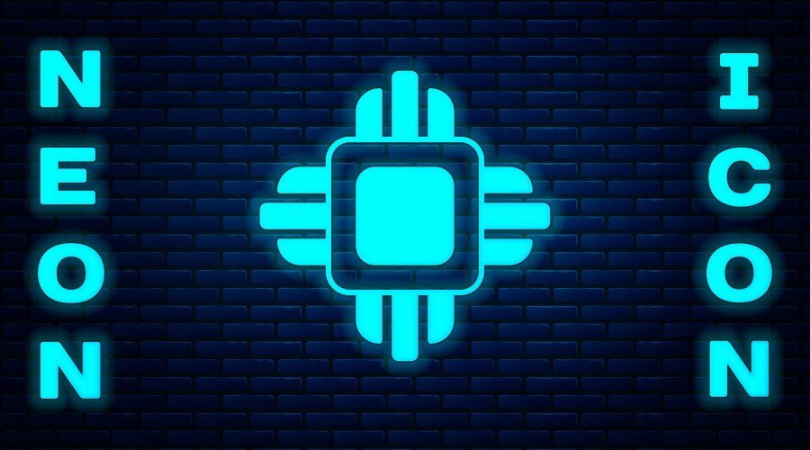 Glowing neon computer processor with microcircuits vector image